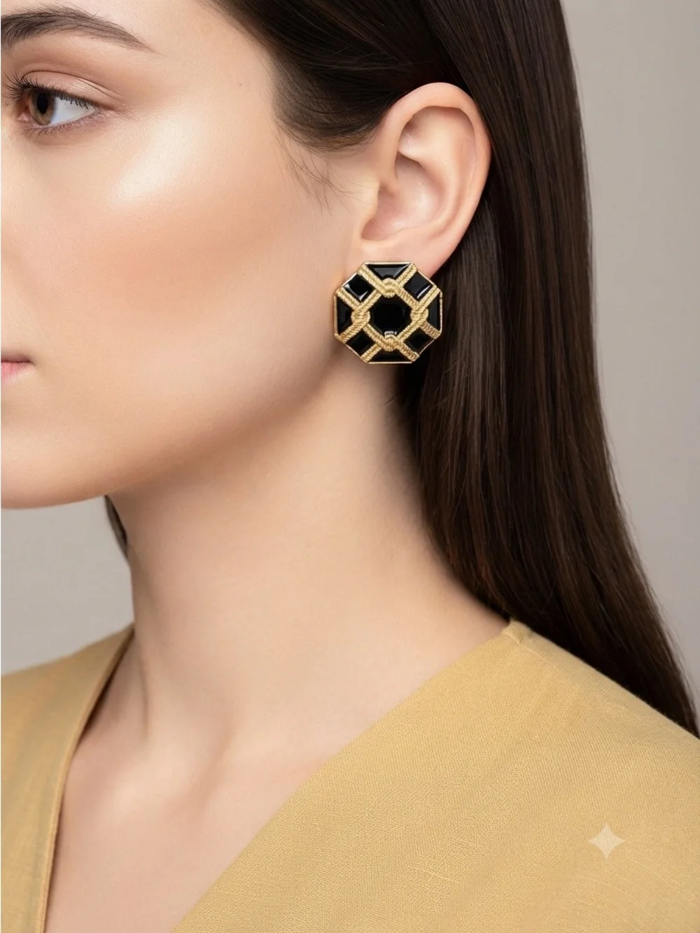 Modern Octagonal Black Enamel Earrings | Gold-Tone Geometric Statement